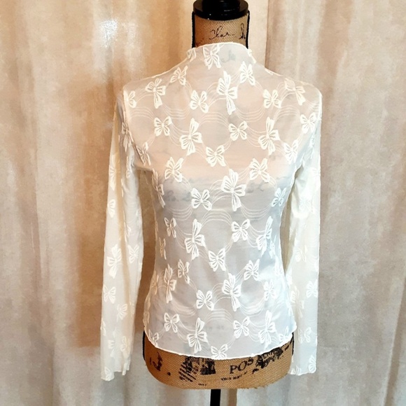Tee For The Soul Tops - NWOT Ivory Cream Sheer Mesh Top Bows Pattern Long Sleeve Size L